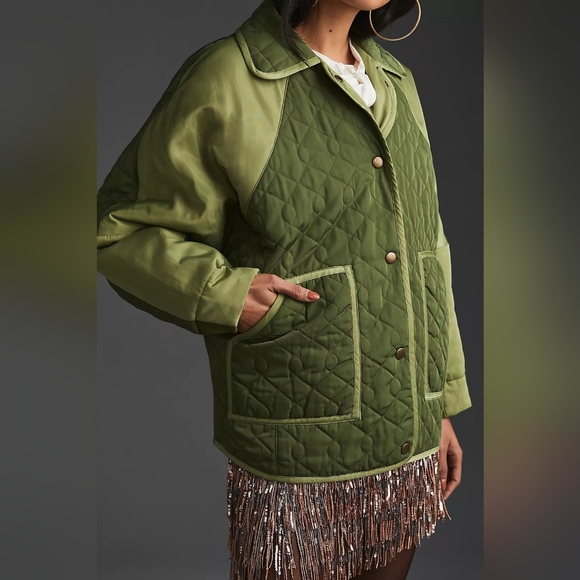 Anthropologie Pilcro Quilted Mixed-Media Bomber Jacket in Moss Green 2X NWT - Picture 4 of 10